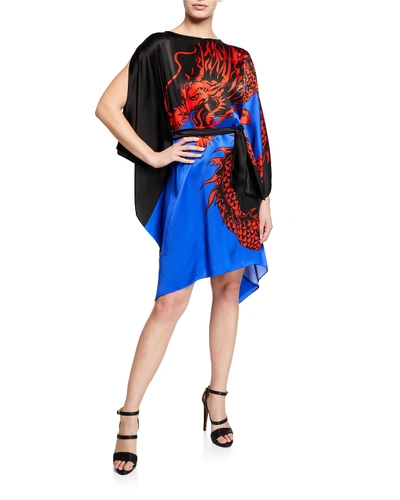 Balmain Boat-neck Dragon-print Silk Kaftan In Black/red