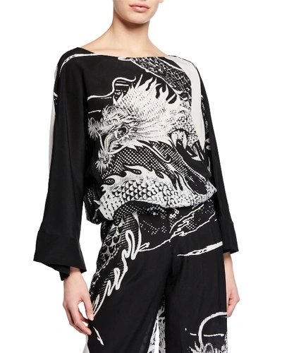 Balmain Dragon-print Silk Coverup Top In Black/white