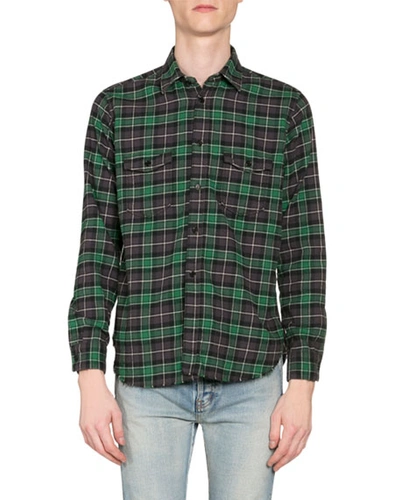 Saint Laurent Distressed Checked Cotton-flannel Shirt In Green