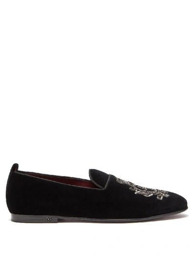 Dolce & Gabbana Young Pope Embroidered Velvet Loafers In Black