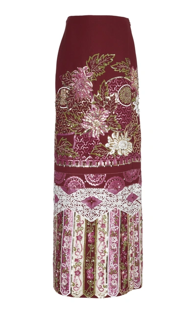 Valentino Embellished Wool Silk Maxi Skirt In Burgundy