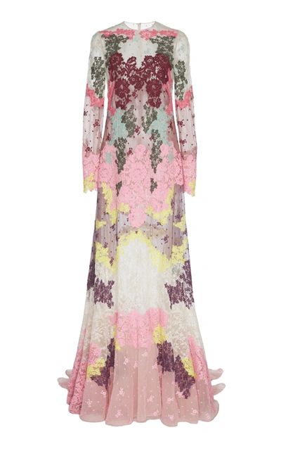 Valentino Sheer Lace Embroidered Gown In Multi