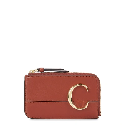 Chloé C Medium Leather Card Holder In Sepia Brown