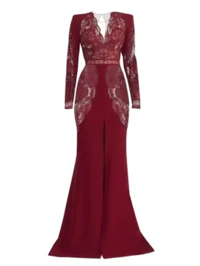 Zuhair Murad Women's Mirai Lace Long-sleeve Crepe Slit Gown In Rio Red