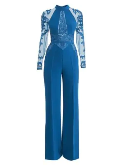 Zuhair Murad Kabuki Embellished Sheer Long-sleeve Jumpsuit In Mosaic Blue