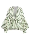 Rosie Assoulin Wool & Silk Striped Lantern Sleeve Top In Green Beige