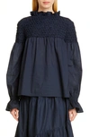 Merlette Majorelle Smocked Cotton-lawn Blouse In Navy