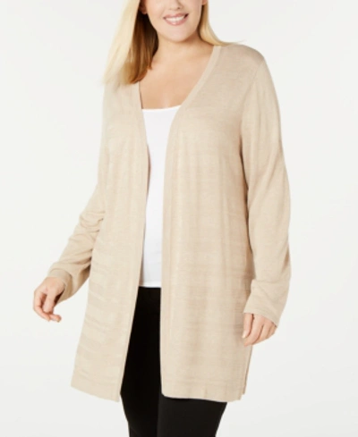 Calvin Klein Plus Size Textured-stripe Long Cardigan Sweater In Heather Latte