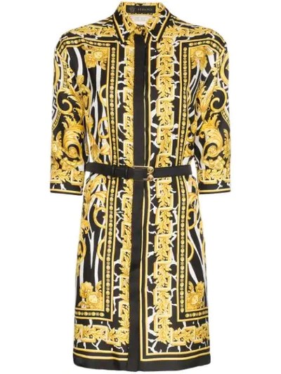 Versace Belted Printed Silk-twill Mini Dress In Black