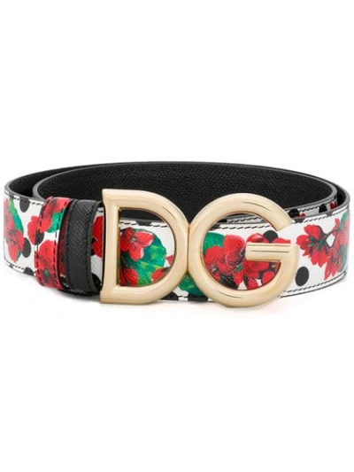 Dolce & Gabbana Bianco Geranium Print Reversible Logo Buckle Leather Belt In Red
