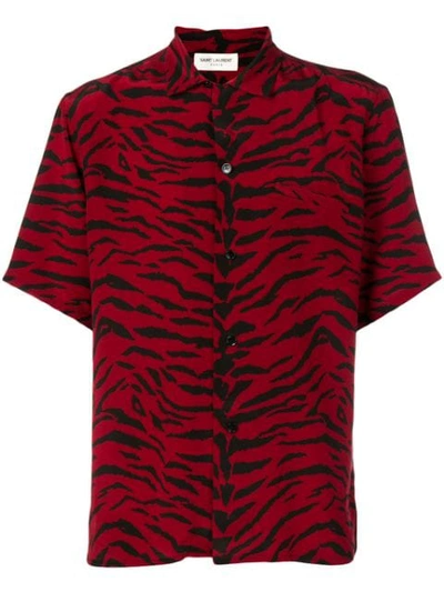 Saint Laurent Zebra-print Short-sleeve Silk Shirt In Red
