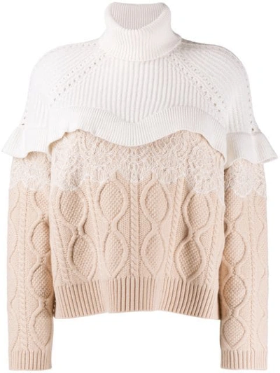 Fendi Lace Trim Mixed Stitch Wool & Cashmere Jumper In Beige White