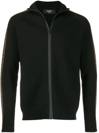 Fendi Woolen Knit Track Jacket With Ff Taping In Black