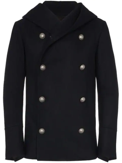 Balmain Wool Cashmere Hooded Double Breasted Pea Coat In Blue
