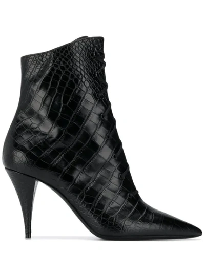 Saint Laurent Crocodile-effect Lace-up Ankle Boots In Black