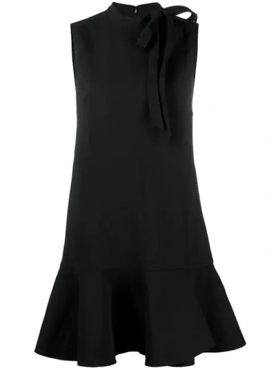 Valentino Tie Neck Ruffle Hem Wool Blend Minidress In Black