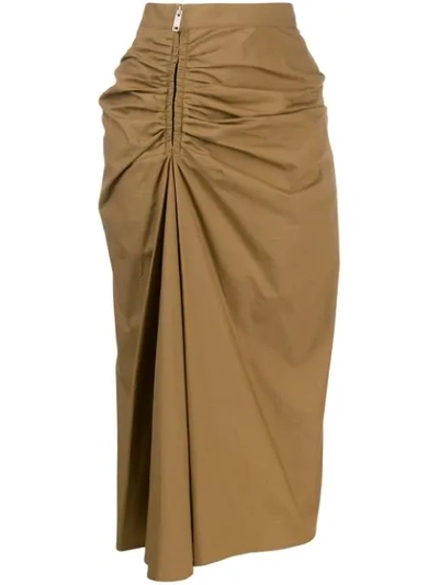 Givenchy Zip-front Ruched Cotton-blend Midi Skirt In Brown