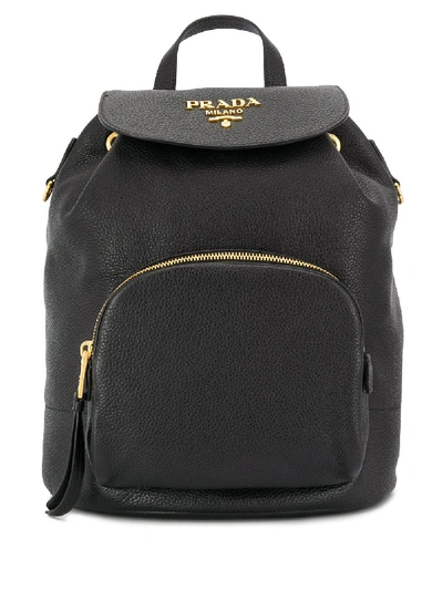 Prada Pebbled Leather Logo Backpack - Black