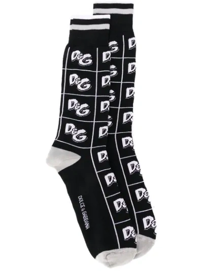 Dolce & Gabbana Cotton Jacquard Socks With All-over Dg Logo In Black
