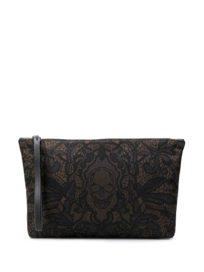Alexander Mcqueen Skull Lace Print Pouch In Black ,brown