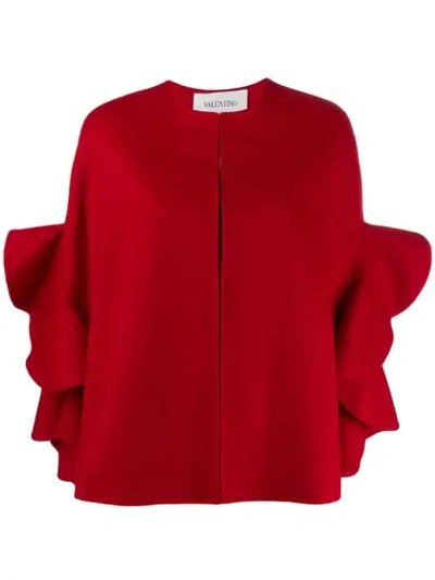 Valentino Ruffled-compact Draped-sleeve Cape In Red