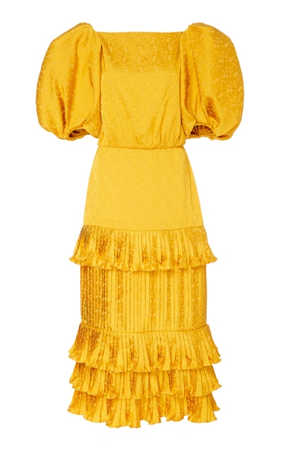 Johanna Ortiz Women's Isolated Treasure Floral Jacquard Puff-sleeve Ruffle Plissé Midi Sheath Dress In Yellow