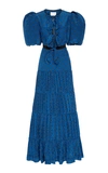 Johanna Ortiz Ancient Treasures Polka Dot Bow Plissé Puff-sleeve Maxi Dress In Navy