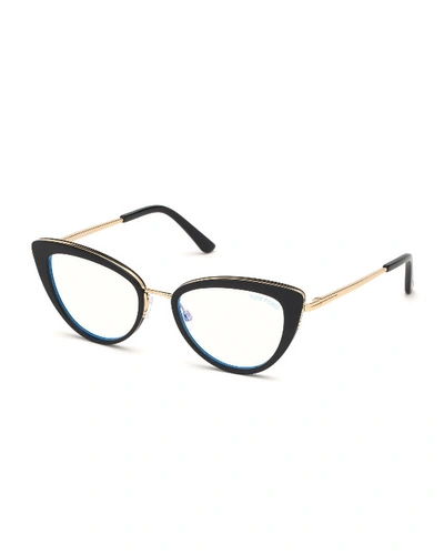 Tom Ford Blue Block Metal Cat-eye Optical Frames In Black