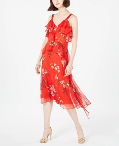 Taylor Floral-print Ruffled Midi Dress In Cherry