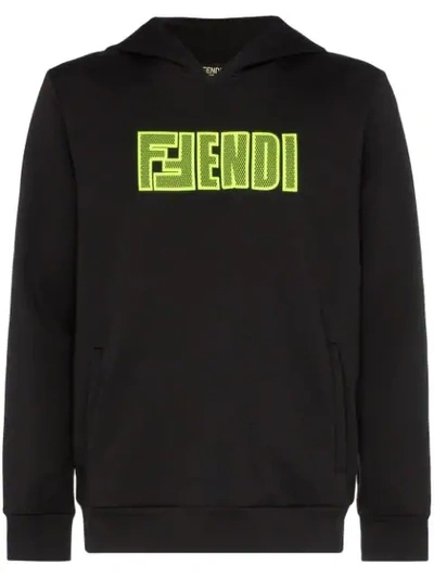 Fendi Mesh Logo Print Hoodie In Black