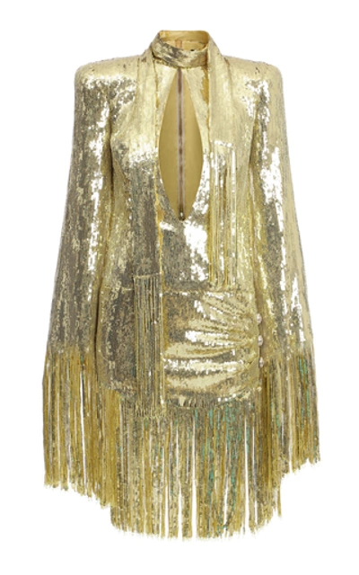 Balmain Sequined Mini Dress W/ Fringes In Gold