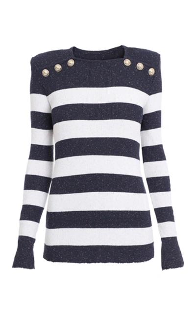 Balmain Button-embellished Metallic Striped Ribbed-knit Sweater In Wht/blue