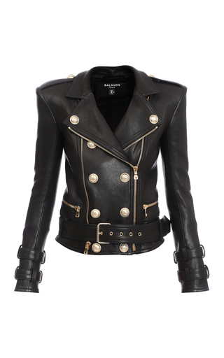 Balmain Button-embellished Leather Biker Jacket In Black | ModeSens