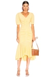 Staud Panier Ruched Gingham Seersucker Midi Dress In Yellow Gingham