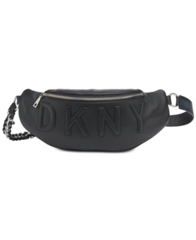 Dkny Irvington Leather Logo Belt Bag, Created For Macy's In Black/silver