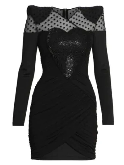 Balmain Draped Heart Long-sleeve Mini Dress In Noir