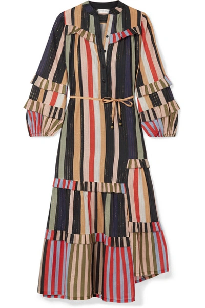 Apiece Apart Gracia Flamenca Striped Cotton And Lurex-blend Voile Midi Dress In Navy