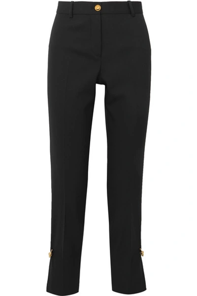 Versace Safety Pin Detail Slim Stretch Wool Trousers In Black