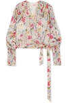 ART DEALER ROSIE SMOCKED FLORAL-PRINT SATIN WRAP TOP