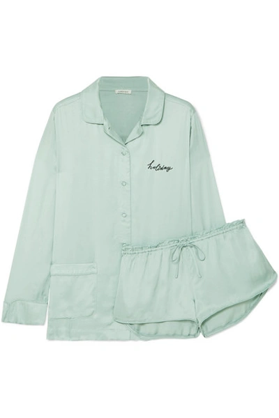 Love Stories Embroidered Satin Pajama Set In Green