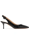 AQUAZZURA PURE 60 GLOSSED CROC-EFFECT LEATHER SLINGBACK PUMPS