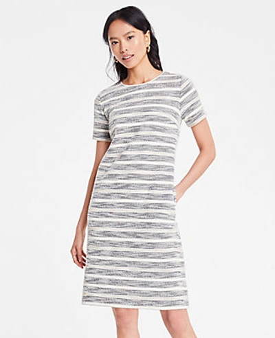 Ann Taylor Petite Textured Stripe Knit Shift Dress In White Multi
