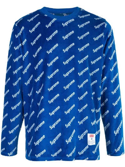 Supreme Diagonal Logo Velour T-shirt In Blue