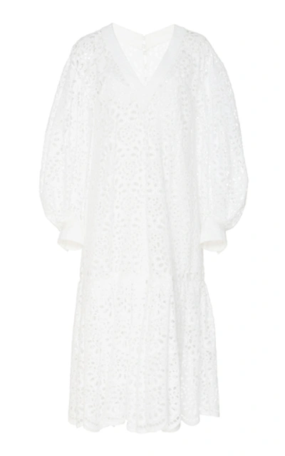 Carolina Herrera Lace Eyelet Dramatic Puff-sleeve V-neck Tie-waist Flounce Midi Dress In White