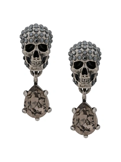Alexander Mcqueen Swarovski Crystal Skull Link Drop Earrings In Silver