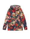 Gucci Zip-front Hooded Spring Floral-bouquet Print Nylon Jacket W/ Logo Patch In Blue