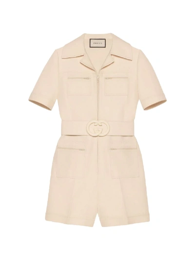 Gucci Short Belted Wool & Silk Cady Jumpsuit In White