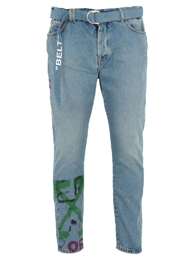 Off-white Off White Slim Low Crotch Jeans In Light Blue + Graffiti