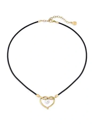 Majorica Gold-tone Stainless Steel & Imitation Pearl Heart Leather Cord Pendant Necklace, 15" + 3" Extender In Black