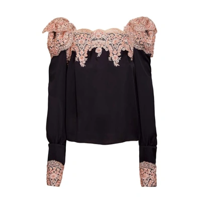 Jiri Kalfar Black Silk Top With Dusty Pink Embroidery Applique